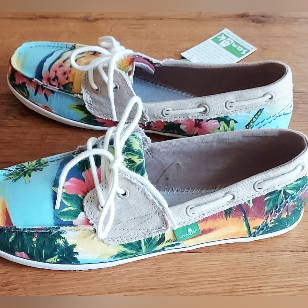 SANUK Tropical Sailaway 2 canvas Sunset Island Aloha Boat shoes Size 7.5
